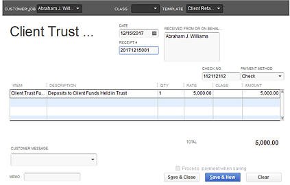 Typical Client Trust Funds Receipt (using a Sales Receipt)